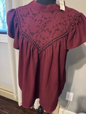 Express Burgundy Lace Yoke Flutter Sleeve Blouse